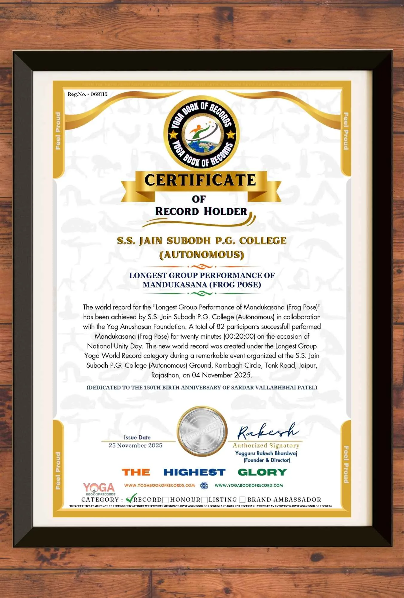 Certificate of Yoga World Records